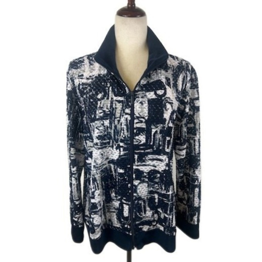 Chicos Zip Front Abstract Navy White Gray Jacket Knit Top Size Large Chico's 2